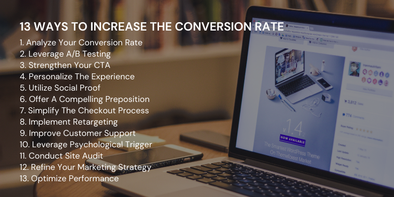 13 ways to increase conversion rates, covering strategies such as A/B testing, strengthening CTAs, personalizing experiences, and optimizing performance.