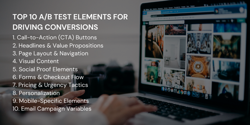 Top 10 A/B test elements for driving conversions, including CTA buttons, headlines, page layout, social proof, and more.
