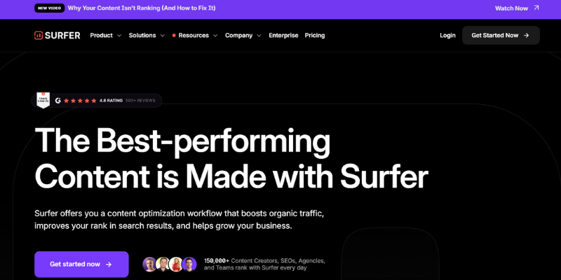 urfer homepage highlighting its content optimization tools