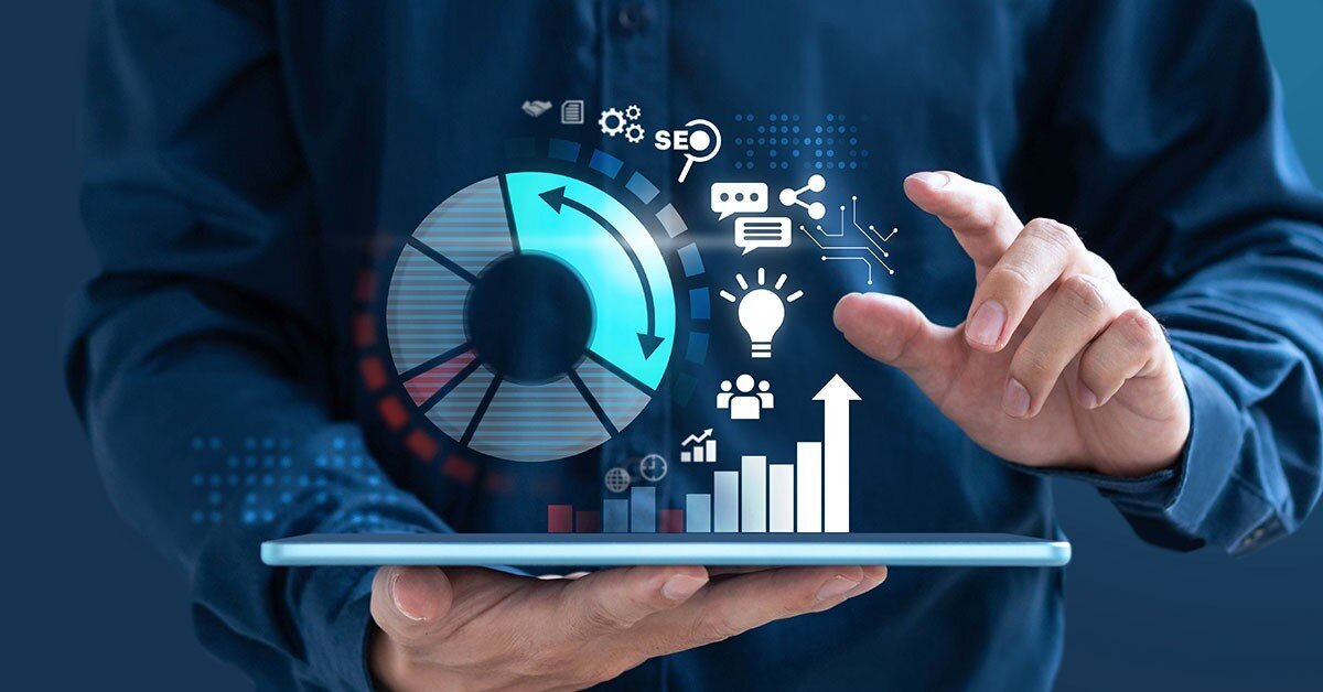 Business professional analyzing growth marketing data and analytics on a tablet